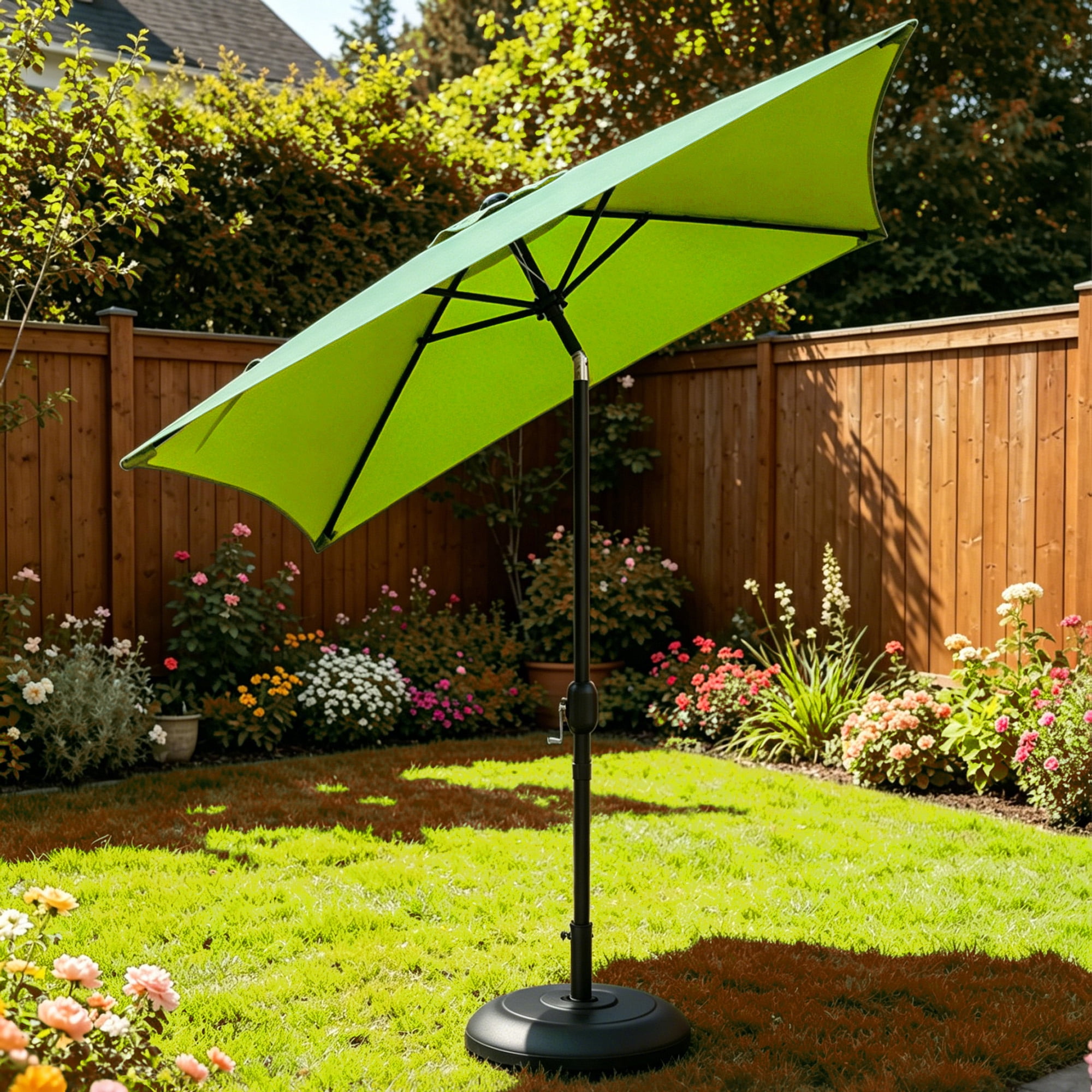 Kool 6.5 ft Square Outdoor Patio Market Umbrella with Push Button Tilt and Crank Handle, Green