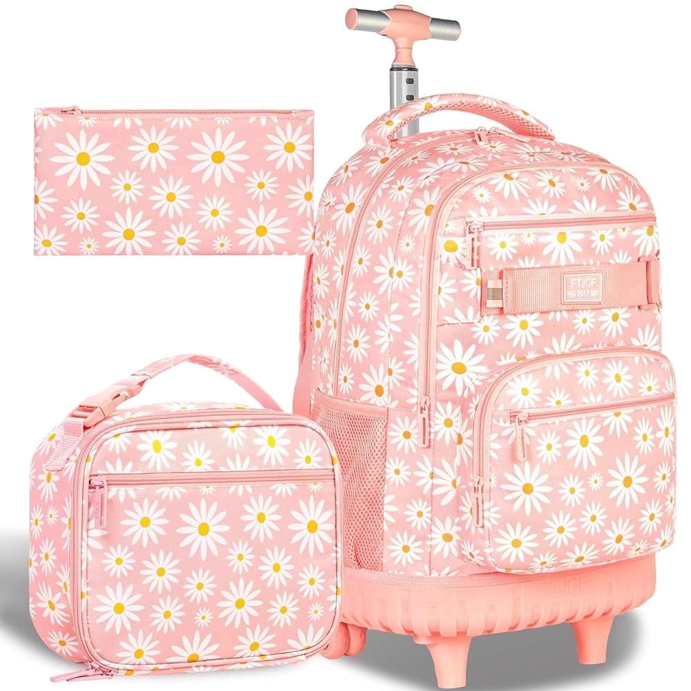 Rolling Backpack for Girls Teens Women, Daisy Print Wheeled Bookbag with Laptop Sleeve, Lightweight School Travel Bag with Smooth Roller Wheels