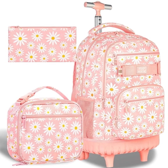 Rolling Backpack for Girls Teens Women, Daisy Print Wheeled Bookbag with Laptop Sleeve, Lightweight School Travel Bag with Smooth Roller Wheels
