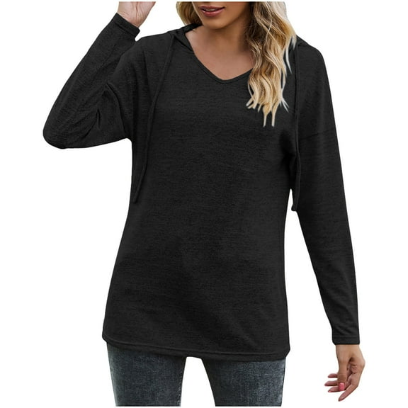 Spring Fashion!DianGeFu Plus Size Womens Hoodies Pullover Fashion Casual,Women's Popular Solid V-neck Hooded Loose Sleeved Top Sweater,Black,L