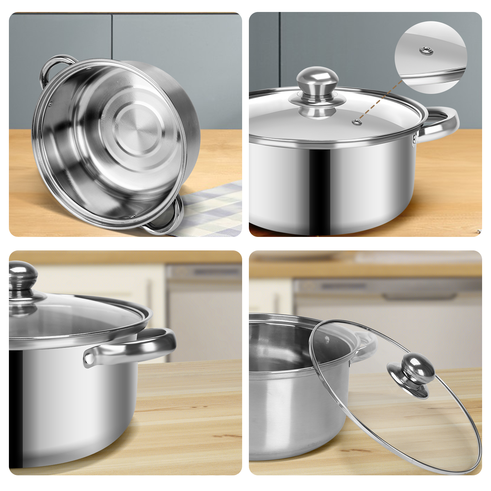 SSAWcasa Cookware Set, Stainless Steel Soup Pots with Glass Lids, Pasta Pot Stock Pot Cooking Pot for All Stoves, Dishwasher Safe - 10 Pieces Set, Silver