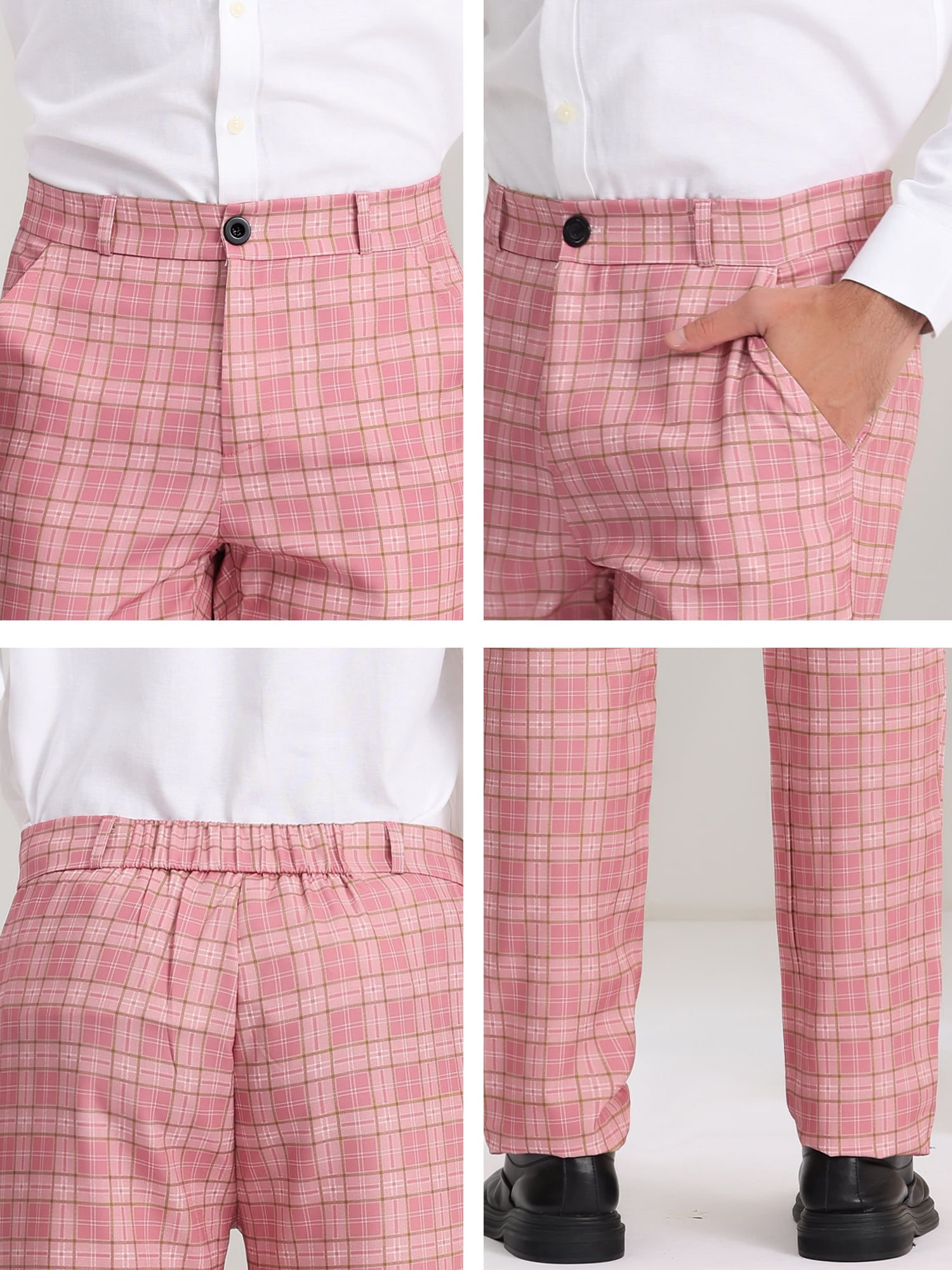 Unique Bargains Men's Dress Pants Casual Flat Front Stretch Business Plaid Pants 30 Pink White
