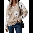 thumbnail image 3 of Suéteres para Mujer, Otoño, Bloque de Color, Acanalado, Volantes, Cuello en V, Corte Holgado, Suéter de Punto Y2k, Lindos Suéteres, Tops. Caqui XL, 3 of 9