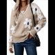 thumbnail image 3 of Suéteres para Mujer, Otoño, Bloque de Color, Acanalado, Volantes, Cuello en V, Corte Holgado, Suéter de Punto Y2k, Lindos Suéteres, Tops. Caqui L, 3 of 9