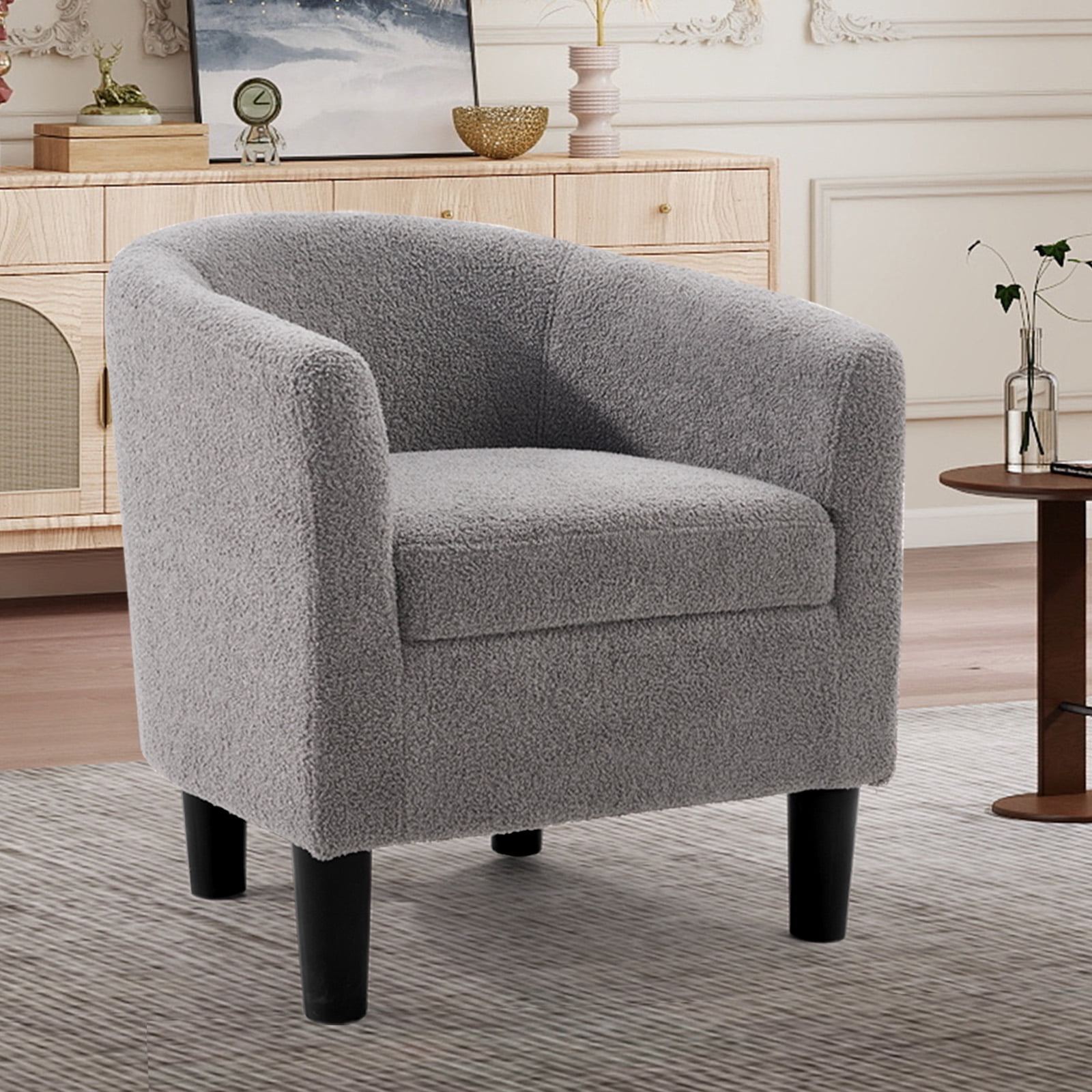 Bonzy Home Accent Barrel Chair, Teddy Fleece Upholstered Club Chair with Armrest Small Reading Chair, for Living Room, Bedroom & Reception Room, Gray