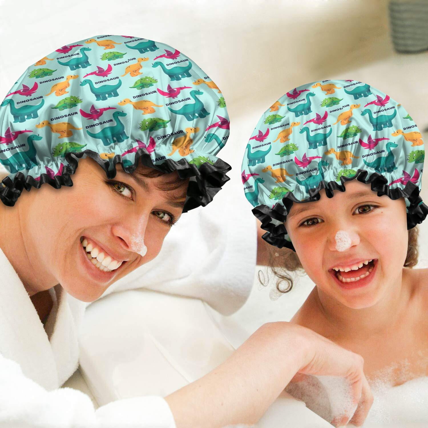 Shower Caps,Colorful Dinosaurs DINO Pattern Waterproof Shower Cap for Women 4 Pieces,Double Reusable Hair Cover for Shower PEVA Elastic Stretch Hem