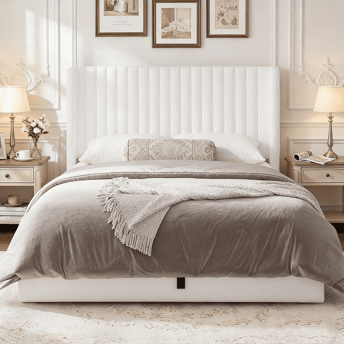 Winkalon Full Size Lift-Up Storage Bed Frame with Modern Wingback Headboard, Linen Upholstered Platform Bed, Hydraulic Gas Lift Support, Underbed Storage, Wooden Slats, No Box Spring Needed, White