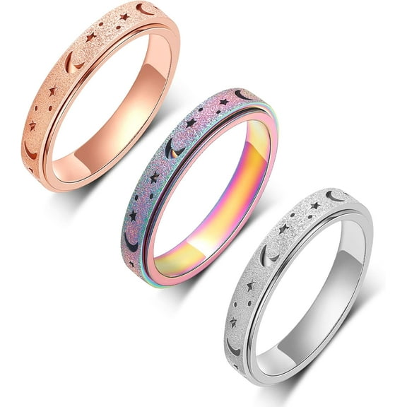 Fidget Anxiety Ring for Women-3Pcs 6MM Rainbow Rose Gold Silver Moon Star Hollow Stainless Steel Spinner Rings for Anxiety Stress Relief Gift for Women party birthday size 6-12