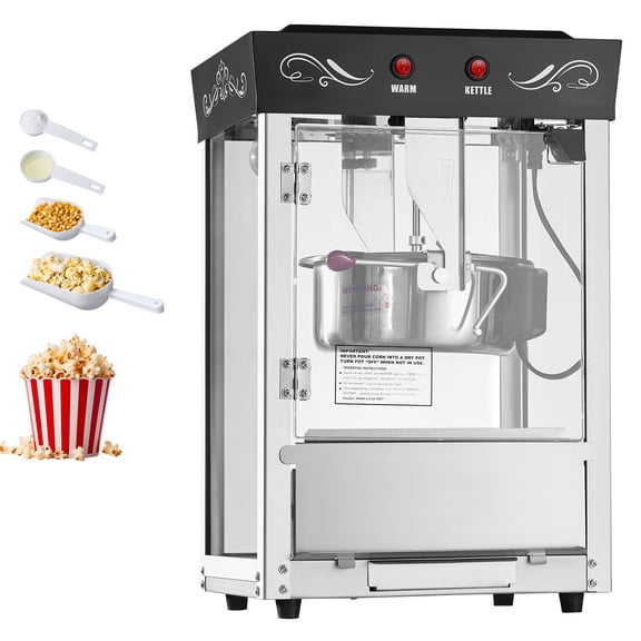 Popcorn Machine, 8oz Stainless Steel Kettle, 800W Commercial Countertop Popcorn Maker, 48 Cups per Batch Theater Style Popper, with 2-Button Control Glass Wall PC Door 1 Scoop 3 Spoons, Black