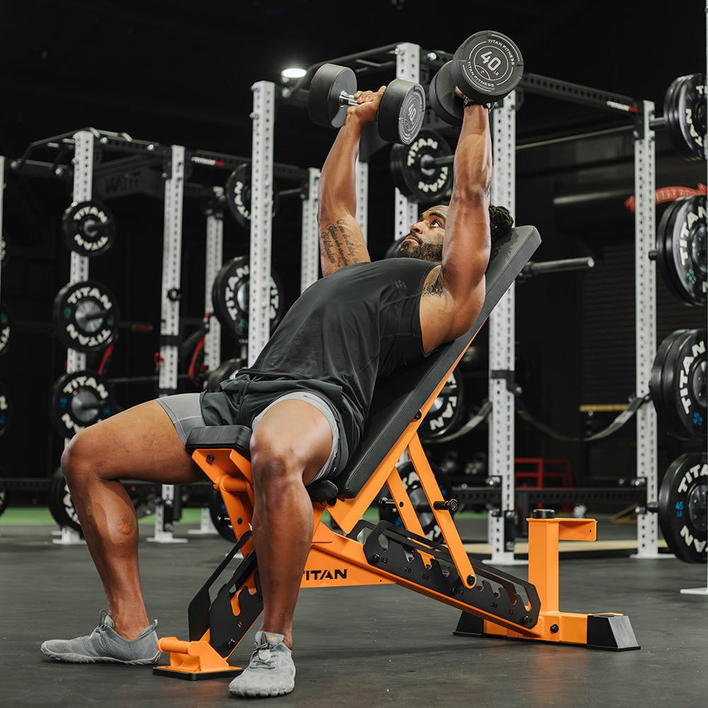 Titan Fitness TITAN Series Orange Adjustable Bench, Supports 600 LB Incline, 1,000 LB Flat