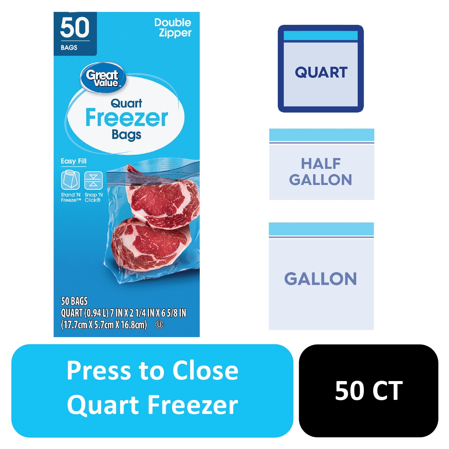 Great Value Double Zipper Freezer Bags, 2 Gallon, Food Storage