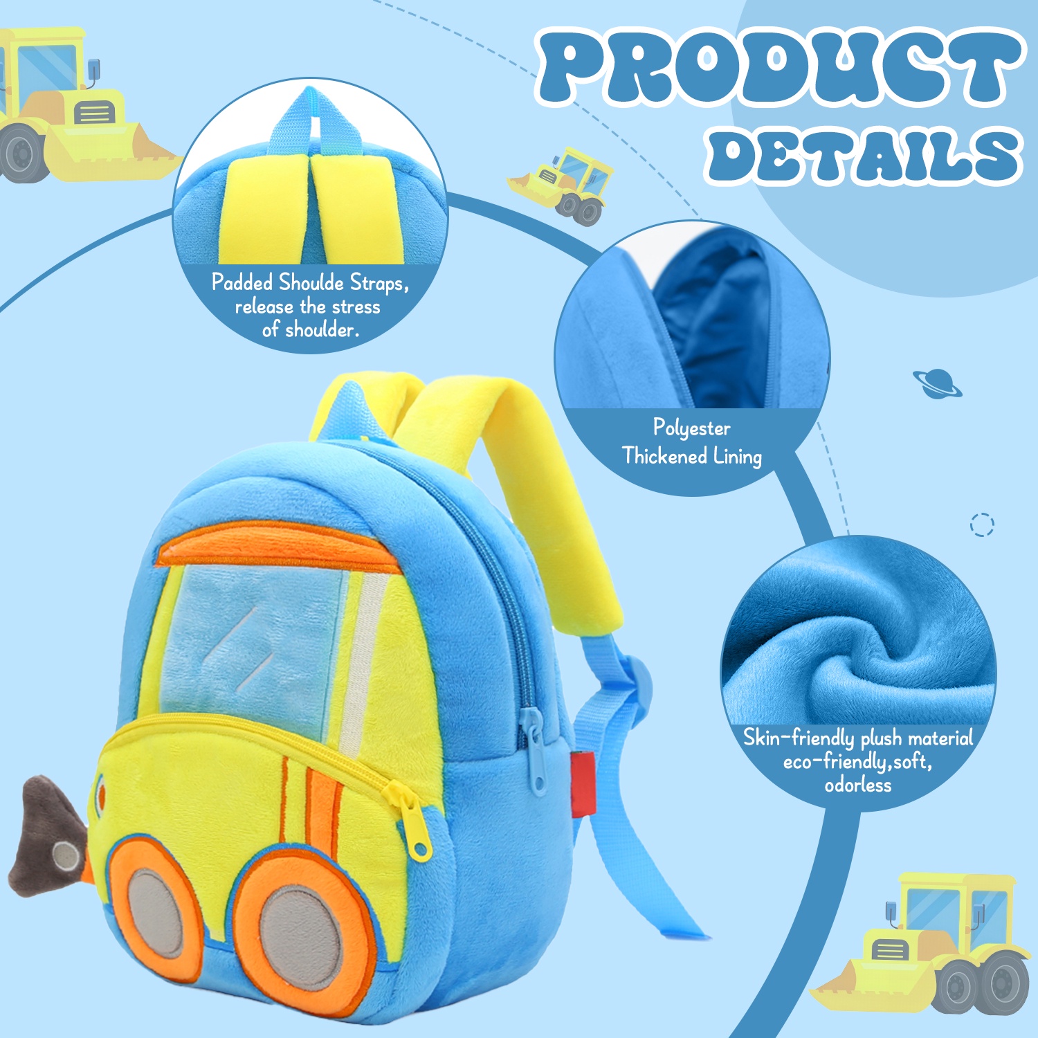 Mochila para niños y niñas de 2 a 6 años | Linda mochila con forma de carro de dibujos animados, bolso de viaje suave y de peluche para niños | Lavable a máquina - Bulldozer 4