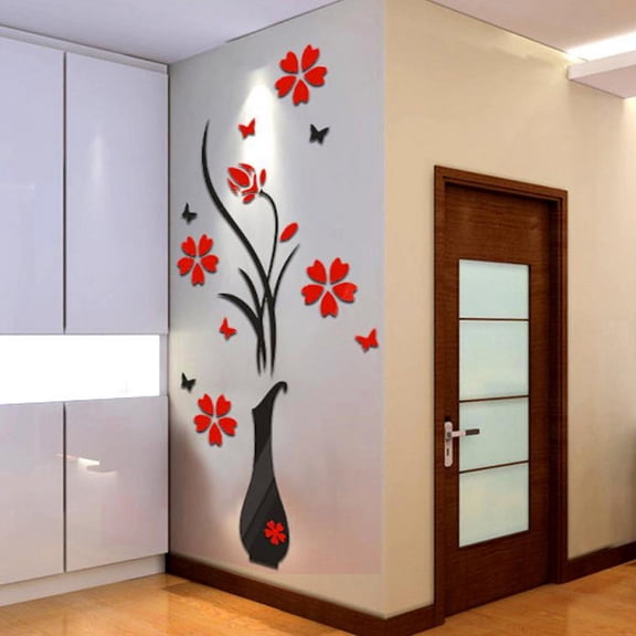 Cuoff Wall Stickers Diy Vase Flower Tree Arcylic 3D Wall Stickers Decal Home Decor Black