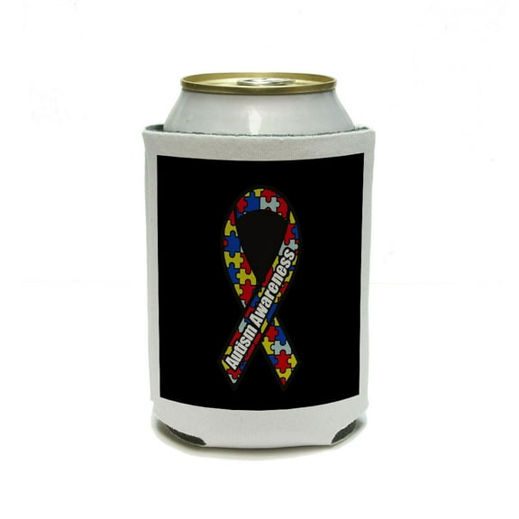 Autism Awareness Ribbon on Black Can Cooler Drink Insulator Beverage Insulated Holder