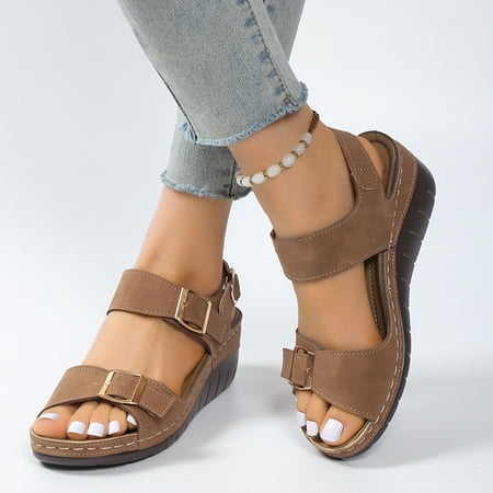 

Aayomet Sandals Women Ladies Fashion Summer Vintage Solid Leather Open Toe Buckle Thick Sole Sandals Brown 7.5
