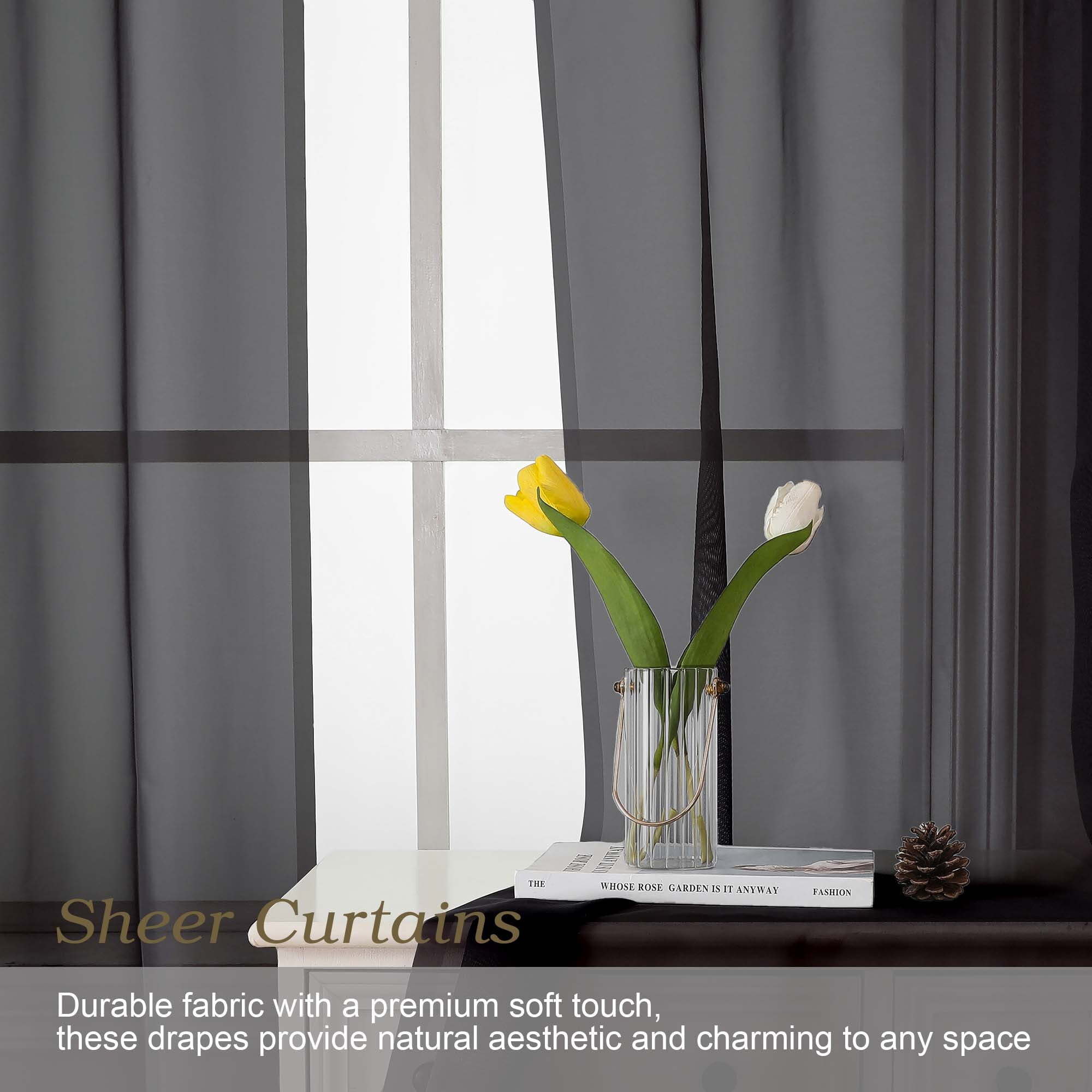 Patin Black Sheer Curtains 63 Inch Length 2 Pcs, Solid Color Light Filtering Voile Airy Modern Drapes, Rod Pockets Home Window Curtains for Living Room Bedroom Bathroom, Each Panel 42" W x 63" L