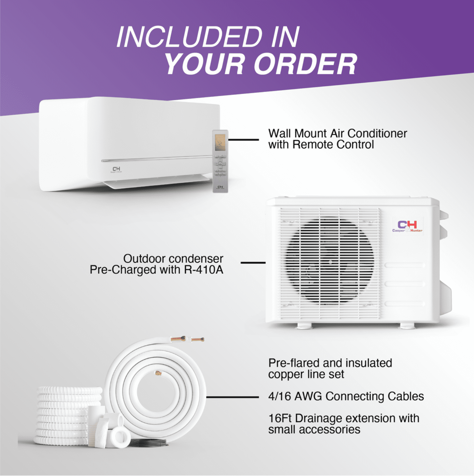 Cooper & Hunter 12000 BTU 115V Wall Mounted Mini Split Heat Pump Air Conditioner With 16ft Kit Cover 550 Sq Ft WiFi