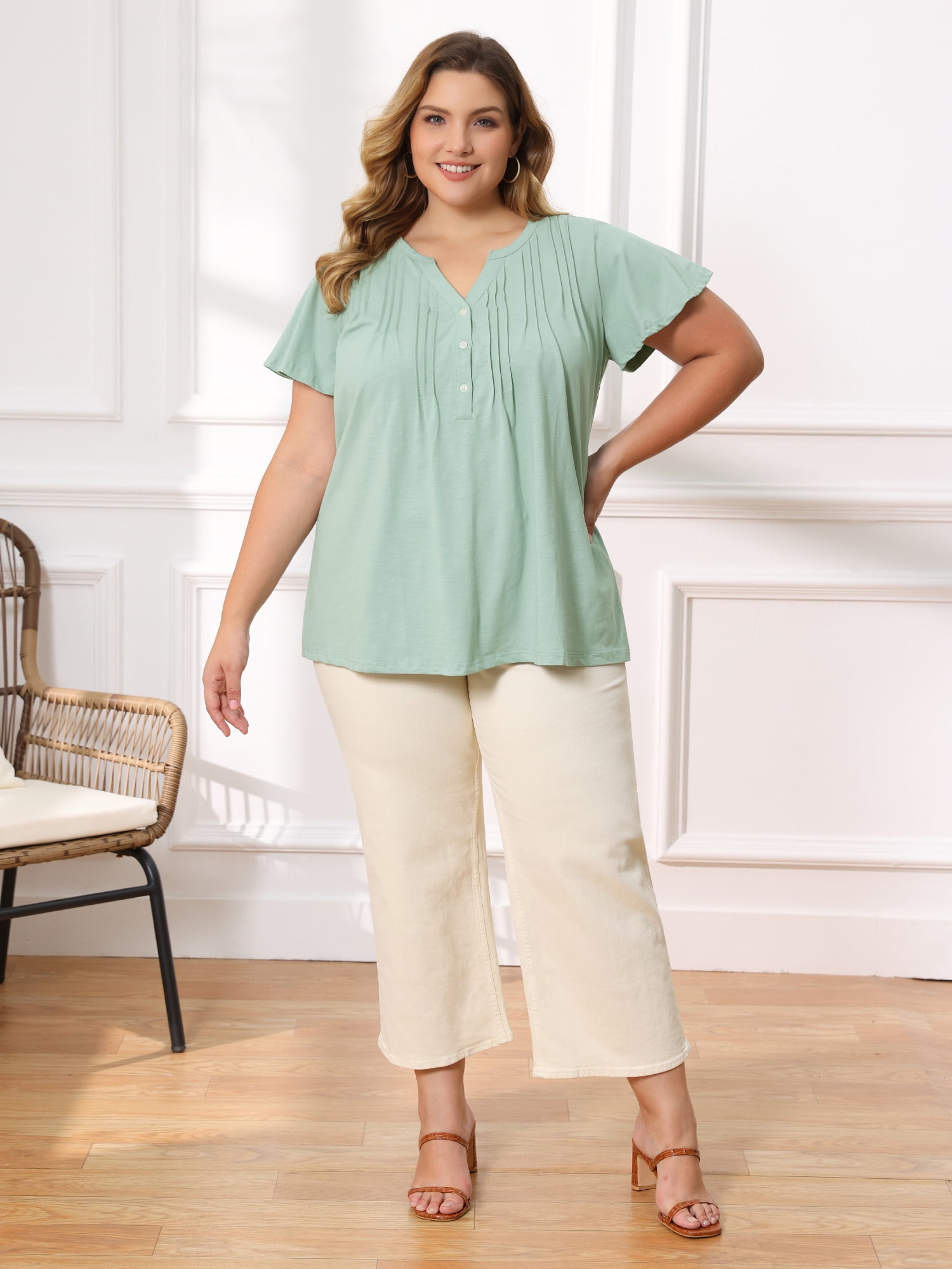 Women's Plus Women's Work Tops Button Notch Neck Ruffle Sleeve Casual Blouse 1X Green