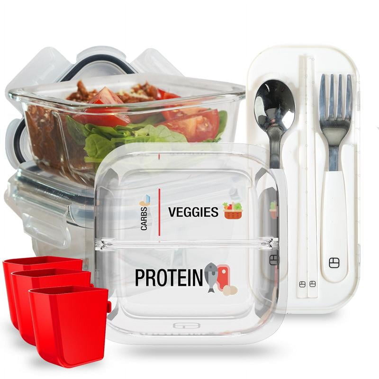 BariBowl Meal Prep Set (3-Pack) with bite-sized utensils, Branded Lunch Box and silicone condiment cups for portion control and bariatric weight loss. Containers Lunch Boxes Glass Dish Tableware