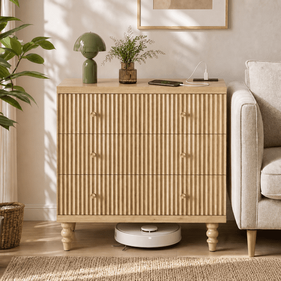 Bestier 3 Drawer Dresser with Charging Station, Modern Fluted Wood Storage Cabinet for Living Room, Chest of Drawers with Gold Handles, Tall Dresser for Hallway, Entryway & Home Office, Natural Oak