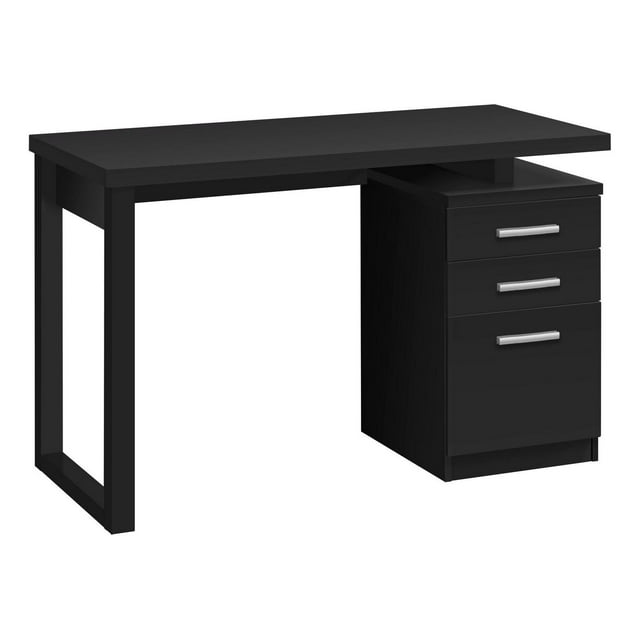 Contemporary black laminate computer desk with a 48-inch work surface, featuring three storage drawers on the right for home office or laptop use.