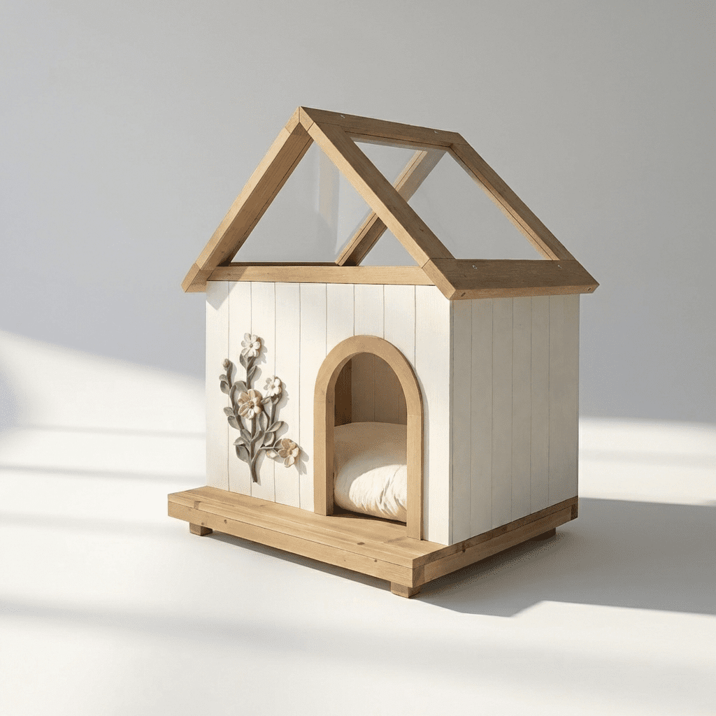 FSC Cedar Cat House with Clear Acrylic Roof and Cushion, Wooden Indoor Outdoor Cat Shelter Furniture for Small Dogs and Cats, Floral Carved Design, White Wood