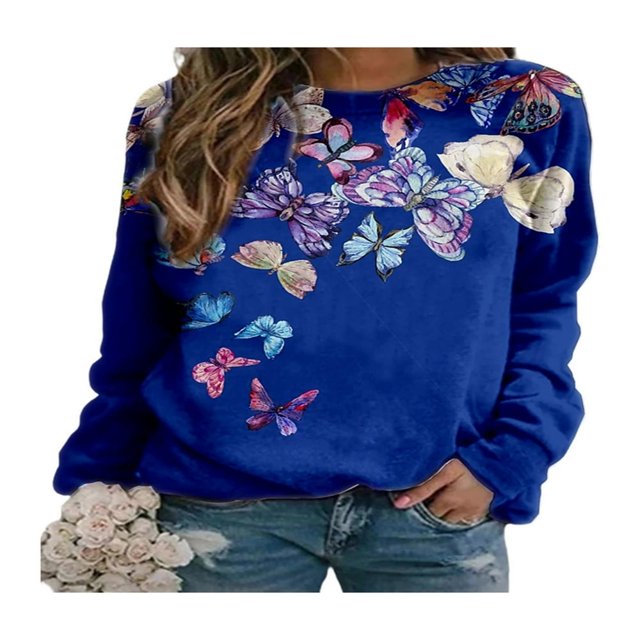 QJUHUNG Chandail en Molleton Décontracté à Manches Longues pour Femmes, Col Rond, Imprimé Floral Papillon, Léger, Chandail Ample