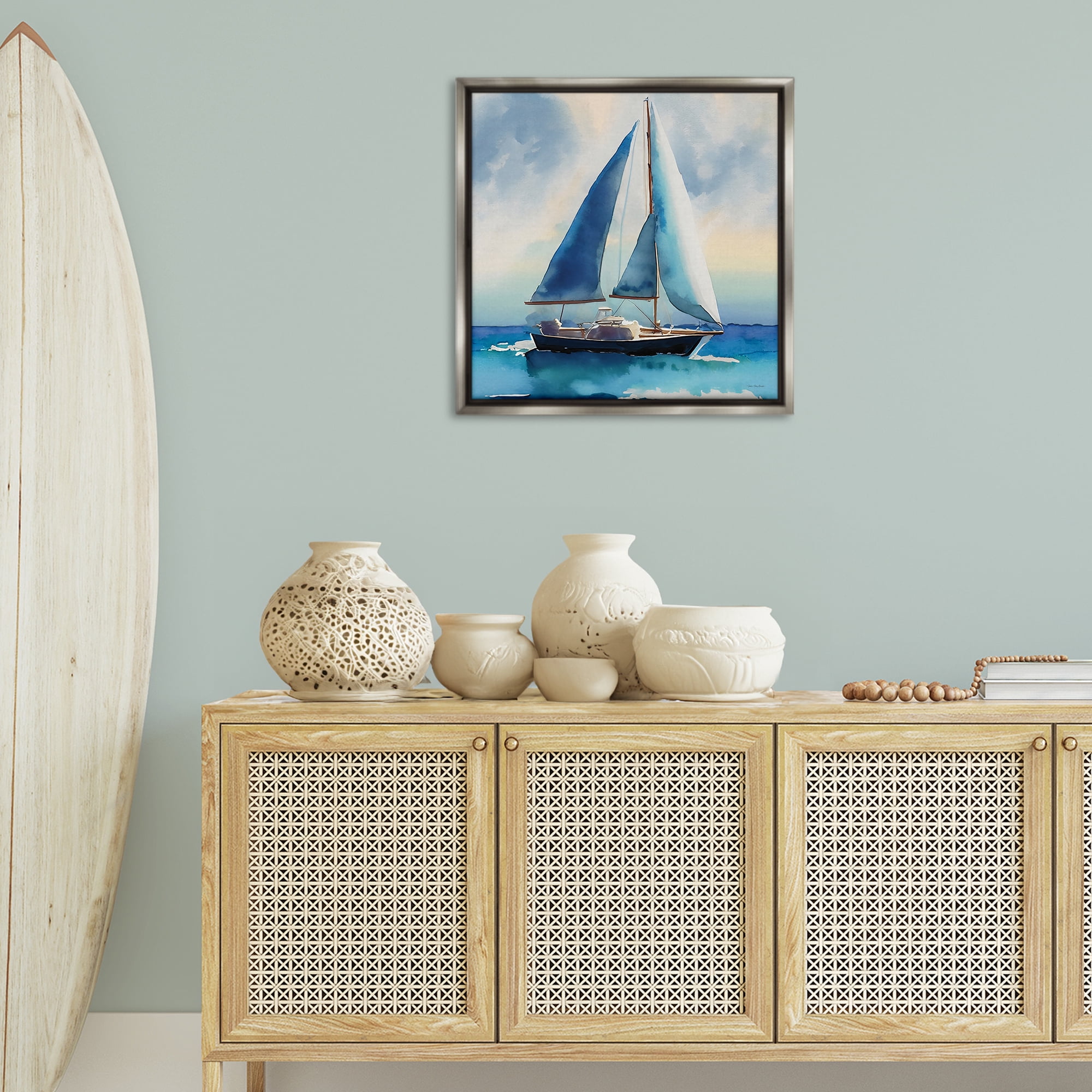 Stupell Industries Watercolor Style Sailboat Nautical & Beach Painting Gray Floater Framed Canvas Art Print Wall Art, 25 x 25
