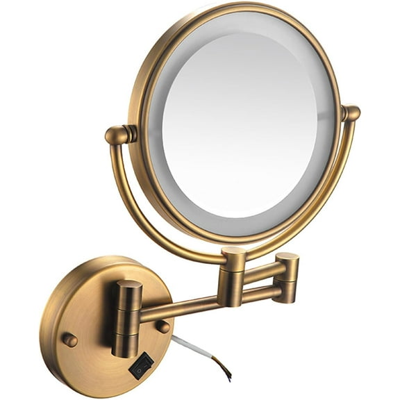 Wall Mounted Lighted Makeup Mirror, Hardwired Double Sided Magnifying Vanity Mirror Extended Arm 360° Swivel LED Shaving Mirror,Brass,5X