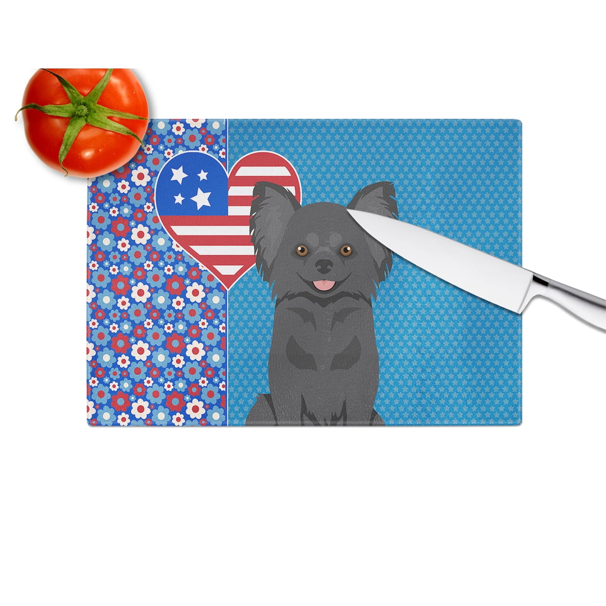 Longhaired Black Chihuahua Glass Cutting Board Large 12 in x 15 in