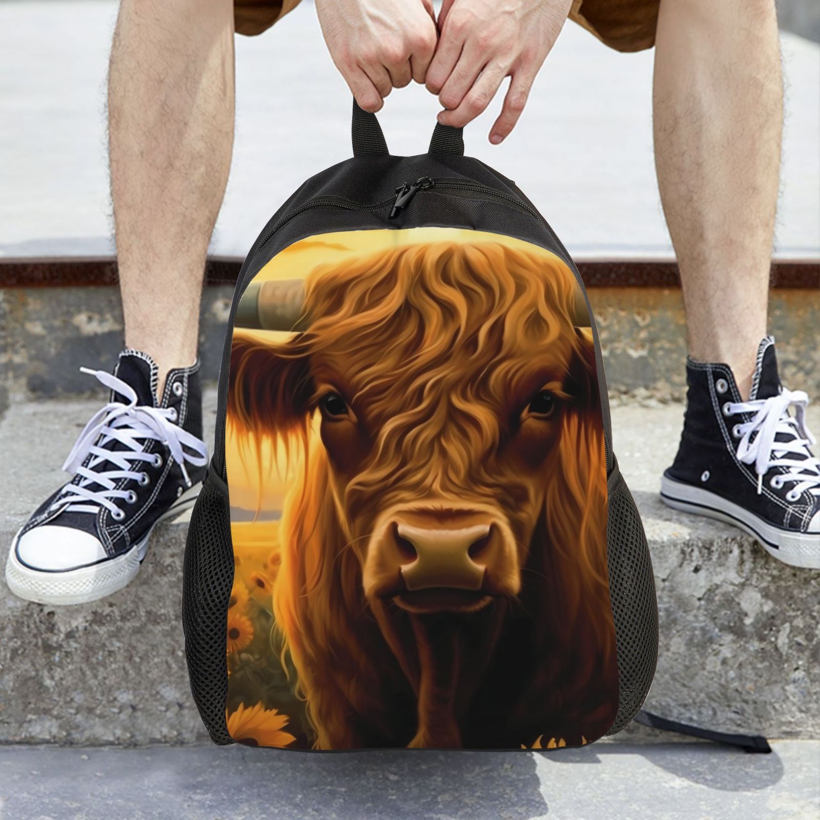 Xecao Sunset Sunflower Cow A Print School Backpack with Laptop Compartment Small Travel Laptop Backpack for Women Men Waterproof College Backpack Simple School Bag