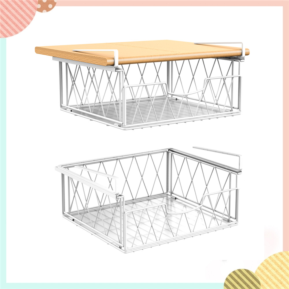 Slide Metal Wire Under Shelf Basket Hanging Storage Basket for Kitchen, White