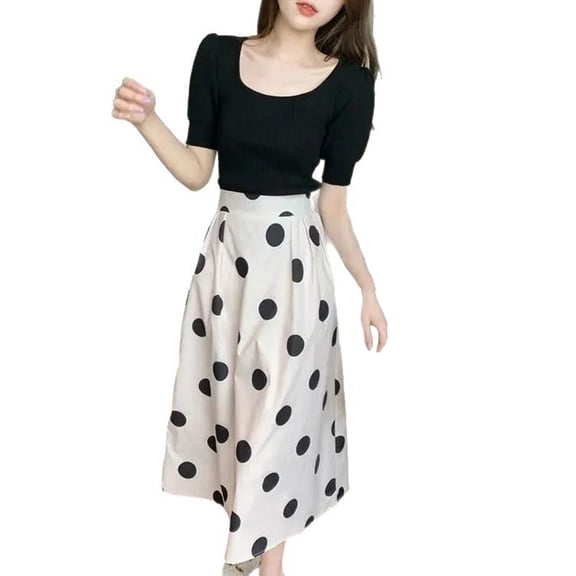 Wxolcjlv Womens Polka Dot Midi Skirt High Waist Pleated A‑Line Skirts