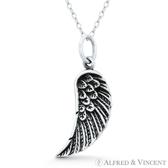 Angel's Wing Charm Antique-Finish Pendant & Chain Necklace in Oxidized .925 Sterling Silver