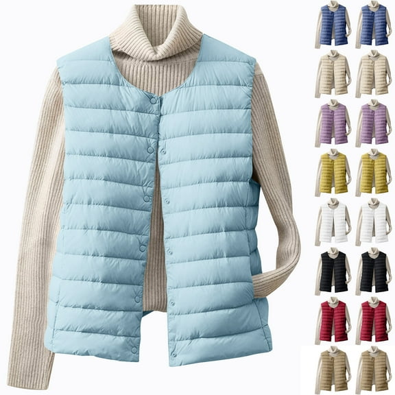 Xdegoge Quilted Vest Women Plus Size Sleeveless Jackets Button Crewnceck Lightweight Jacket Fashion Fall Winter Short Padded Outerwear with Pockets