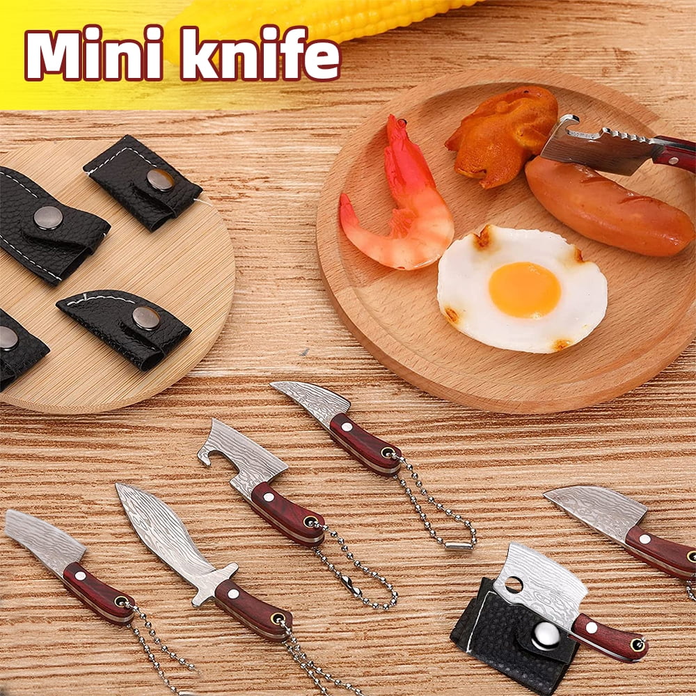 8 Pcs Damascus Pocket Knife Set, Mini Kitchen Chef Knife Set, Tiny Chef Knife  Set with Tiny Knife Keychain, Small Knife for Package Opener Box Cutter 