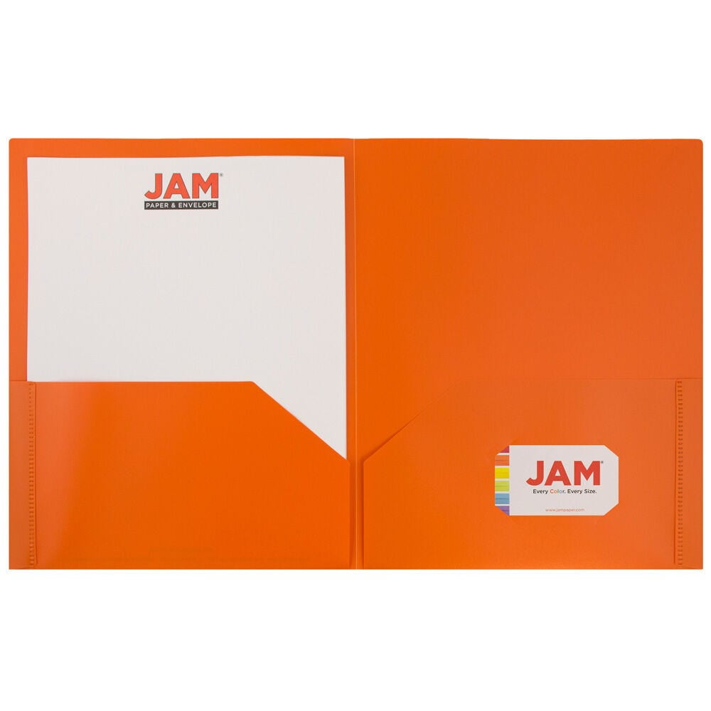 JAM Paper Plastic 2 Pocket POP Folders, School Folders, Orange, Bulk 48/Pack