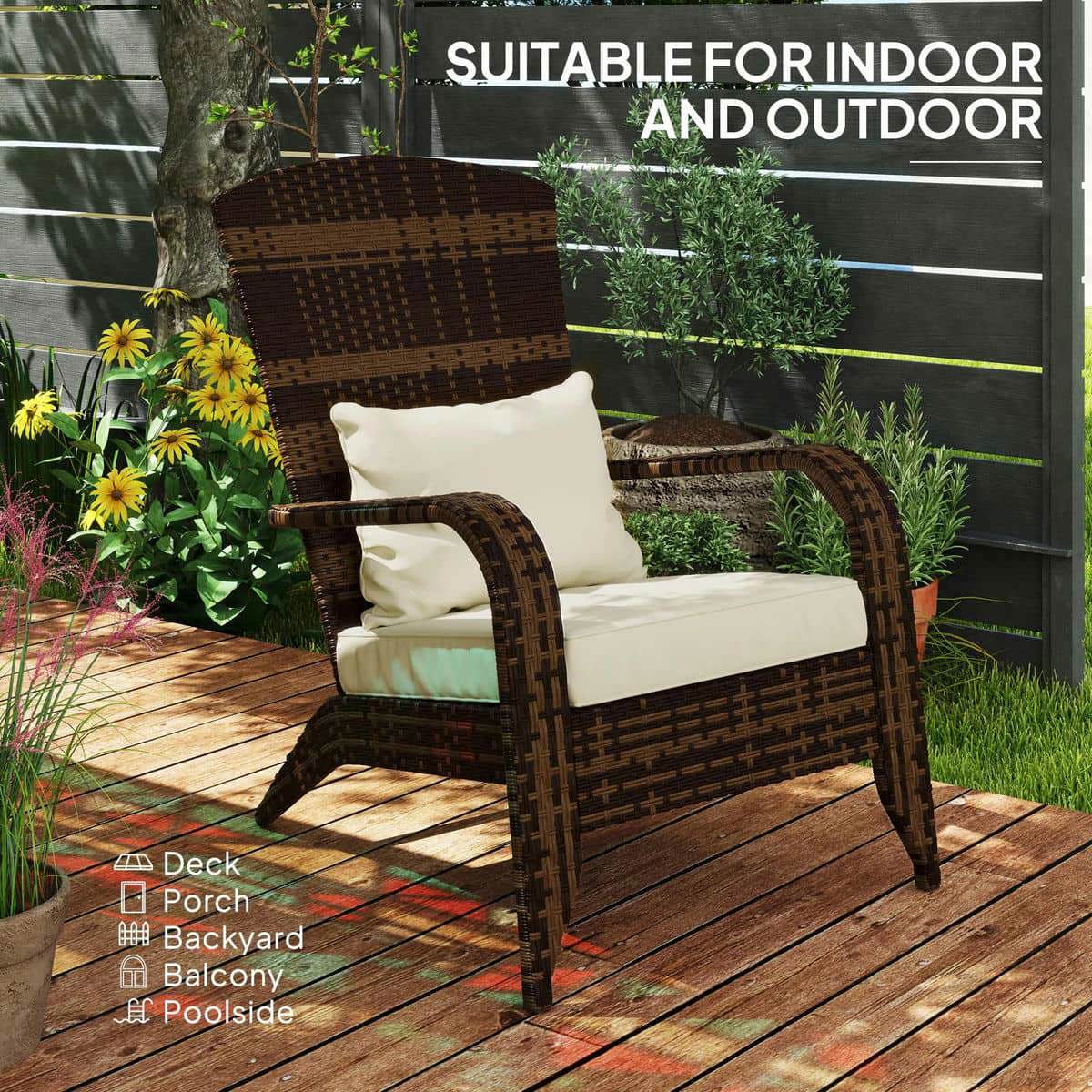GVN Patio Accent Chair, Outdoor Adirondack Chairs, Patio Adirondack Chair with Rattan Wicker, Soft Cushions for Deck or Garden, Cream White