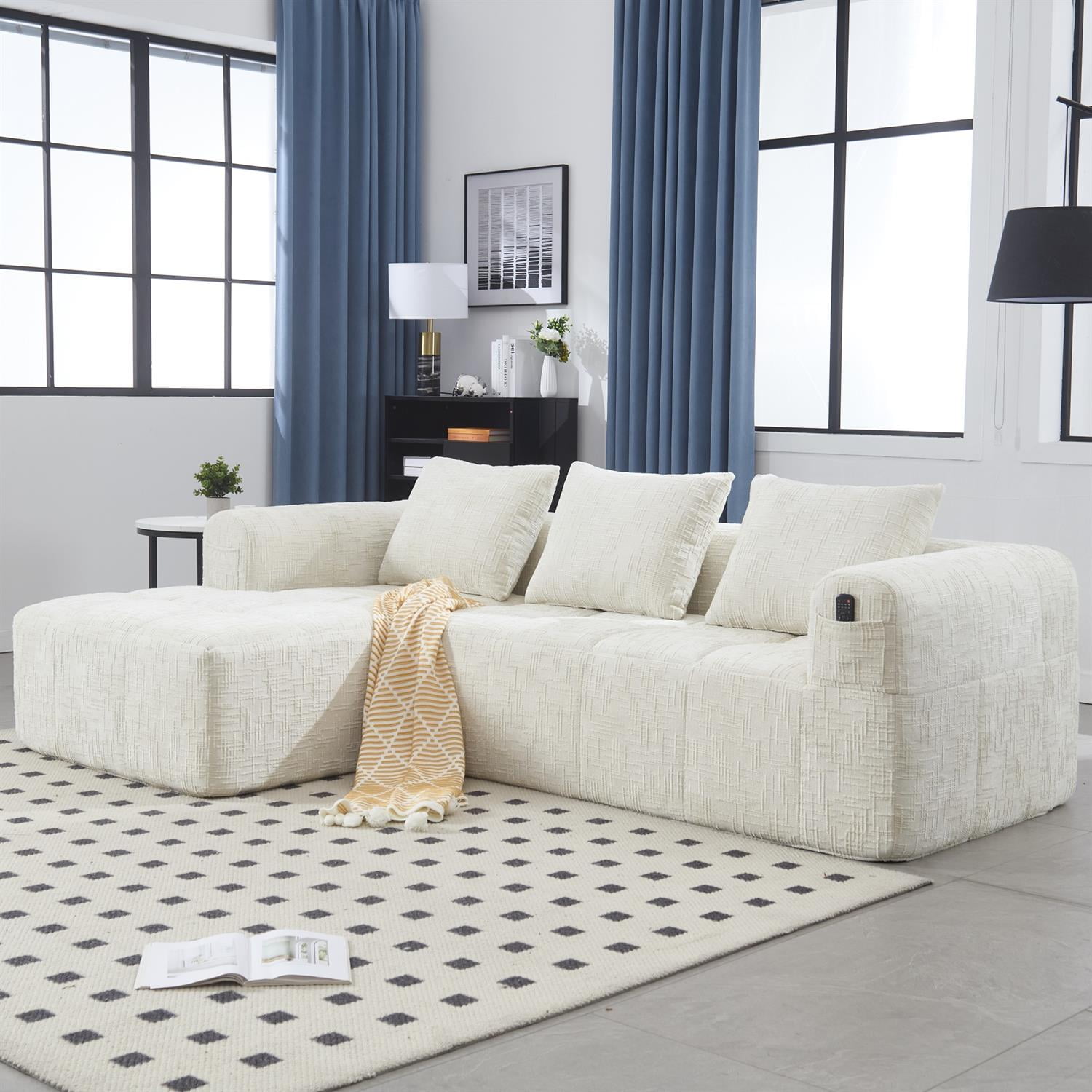 Demi Bonn 98" L-Shaped Modular Sectional Sofa with Chaise, Side Pockets, Modern Comfort Couch, Compression-Free Installation for Living Room, White