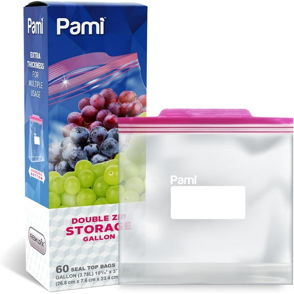 PAMI Food Storage Bag with Double Zip 60 count, Expandable Bottom Leakproof Plastic Gallon Ziploc Bags