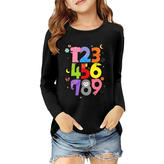 WOYY Long Sleeve T-Shirt for Girls Casual Digital Print Crew Neck T Shirt Top, Sizes 3-14