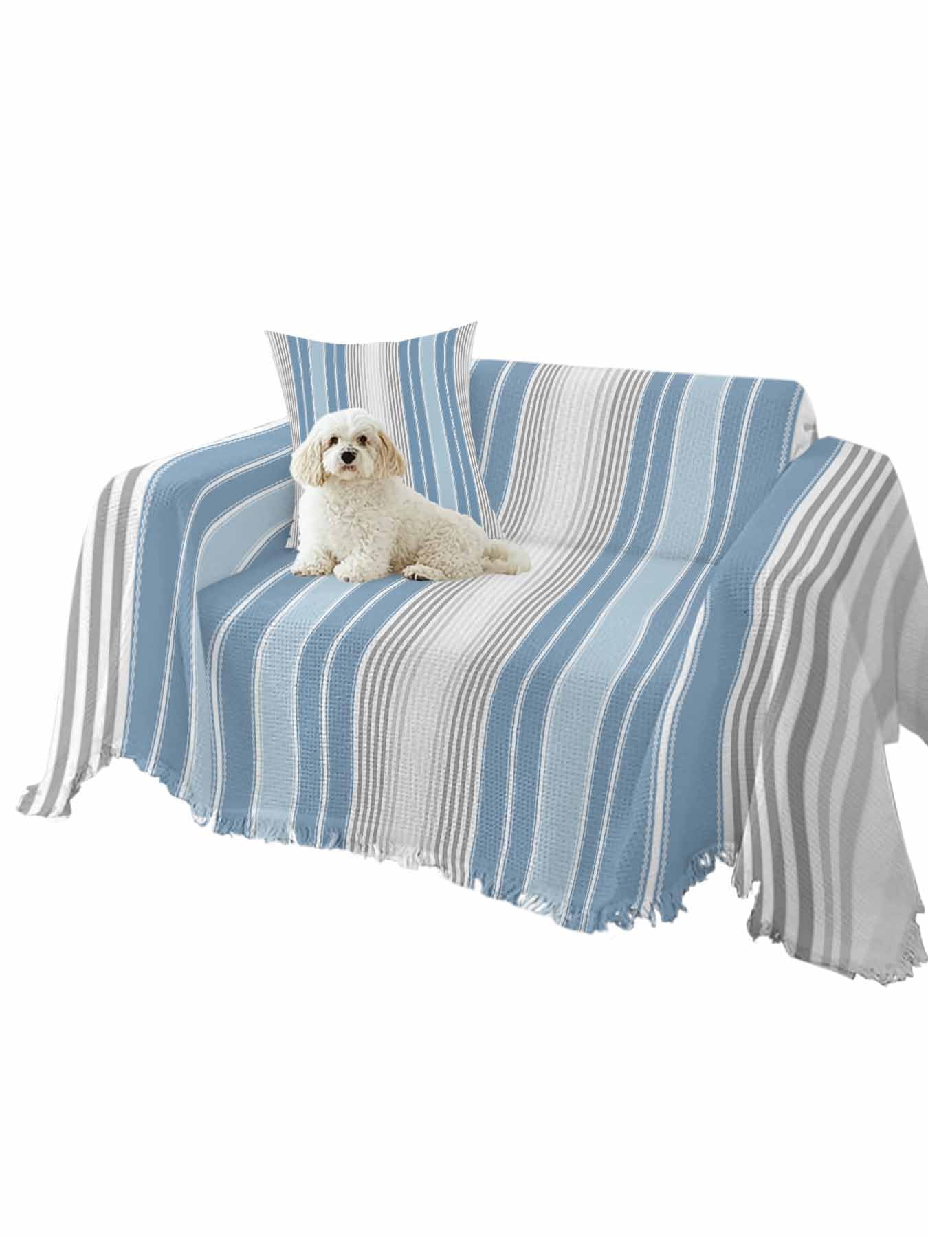 Blue Gray Stripes Couch Cover, Contemporary Minimalist Abstract Lines Sofa Cover Blanket for 2 Seat Cushion,Sectional Sofa Slipcover Furniture Protector for Living Room Bedroom 71''x102''