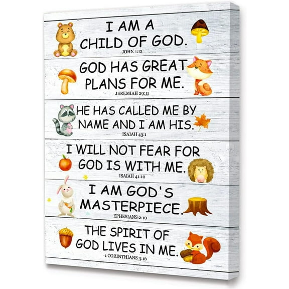 Bible Verses Wall Art for Kids, I Am Child Of God Scripture Wall Art Canvas,Christian Religious Wall Art Gifts for Kids,Ready to Hang For Kids Nursery/Classroom/Bedroom Wall Decor 12" x 15"