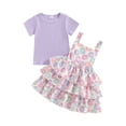 thumbnail image 2 of Aojekbee Little Girl Summer Outfits Solid Ribbe Short Sleeve T-Shirt with Floral Print Overall Dress, 2 of 10