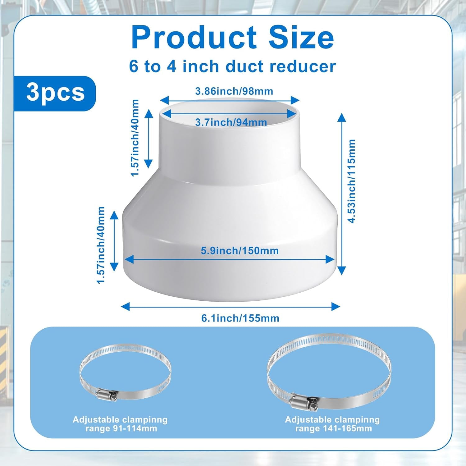 ABCISI 3PCS 6 to 4 Inch Duct Reducer Adapter, ABS Plastic & Stainless Steel HVAC Ventilation Pipe Connector for Kitchen, Bathroom, Grow Tent, Inline Ventilation System – White