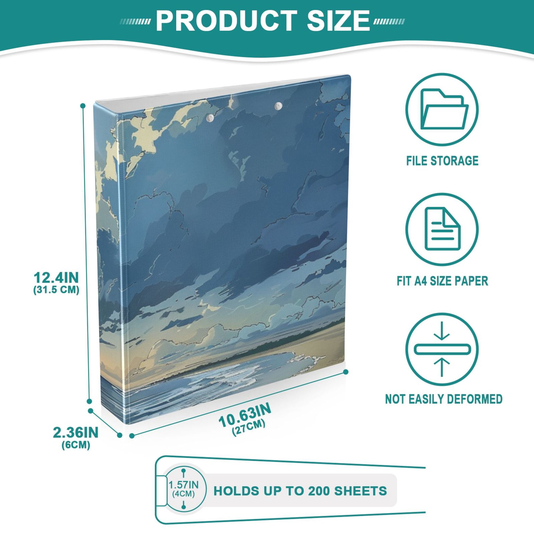 Beach 3 Ring Binders 1.5 inch Hardcover File Folders with Interior Pockets A4 Size Organizer for School Office Hospital