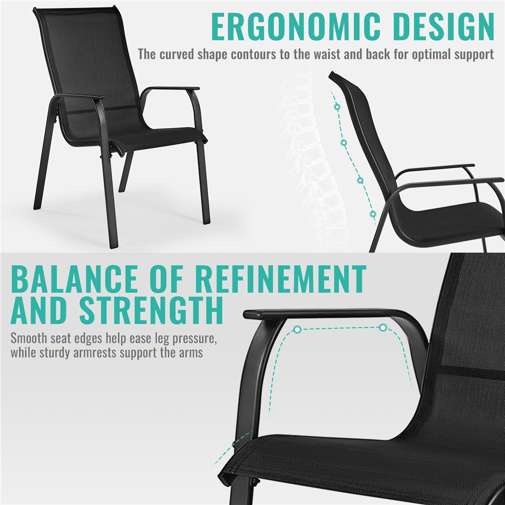 Renwick Outdoor Stackable Dining Chairs with Backrest, Set of 2, Black