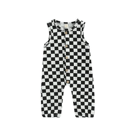 

Coduop Newborn Baby Sleeveless Bodysuit Checkerboard Plaided Button Down Playsuit Jumpsuit