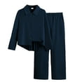 thumbnail image 2 of ZHOGXU Big Kids Girls Outfits Back Pleated Long Sleeve Lapel Solid Color Buttons Shirt And Wide Leg Pants Fashion Comfortable Two Piece Set For Daily Wear Navy 11-12 Years, 2 of 9