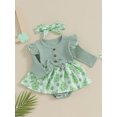 thumbnail image 3 of Biekopu Baby Girls Irish Day Romper Dress Long Sleeve Clover Print Ruffle Romper with Headband, 3 of 9